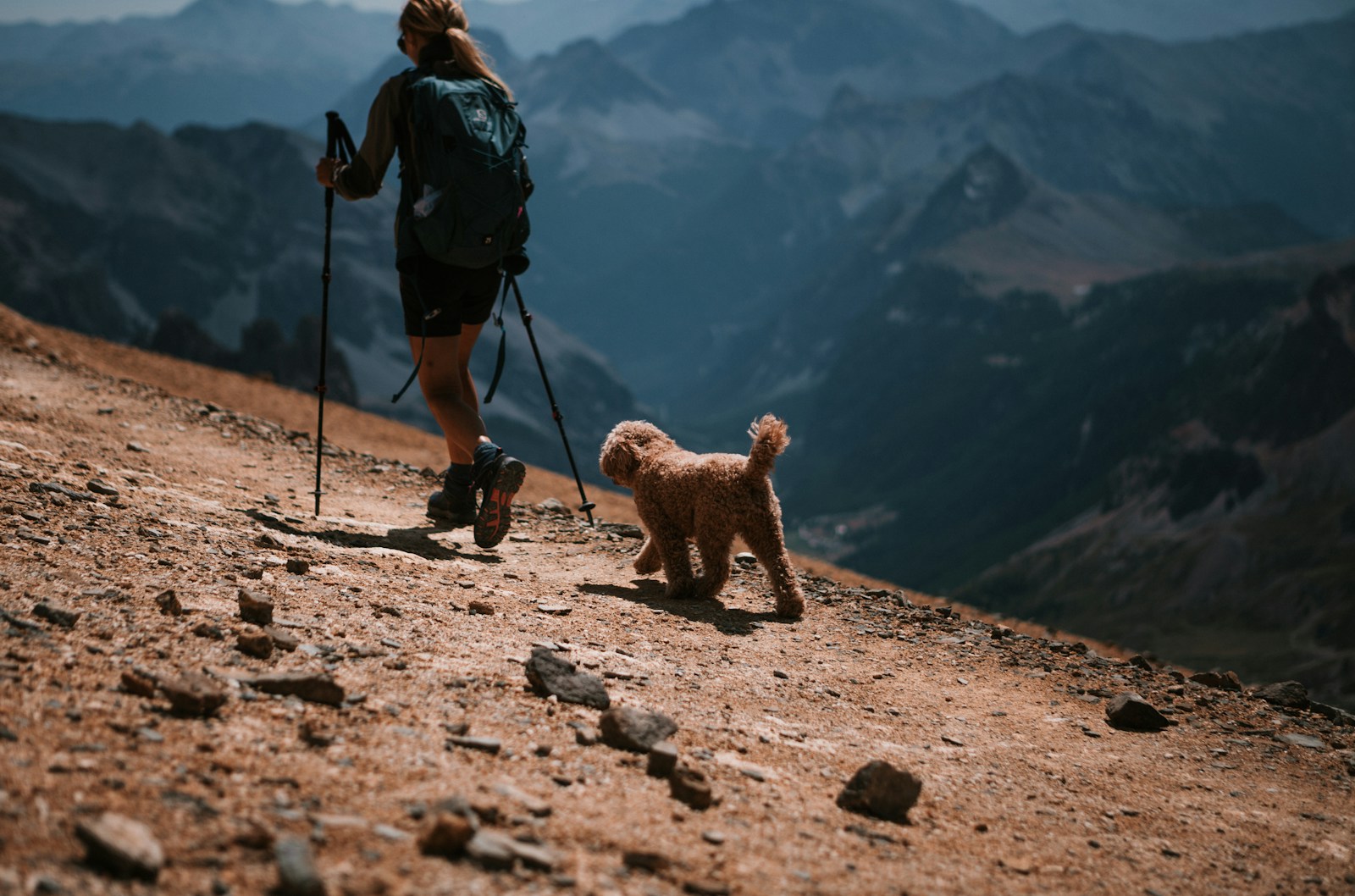 Dog friendly hikes: a woman with trekking poles hiking a mountain trail with her dog