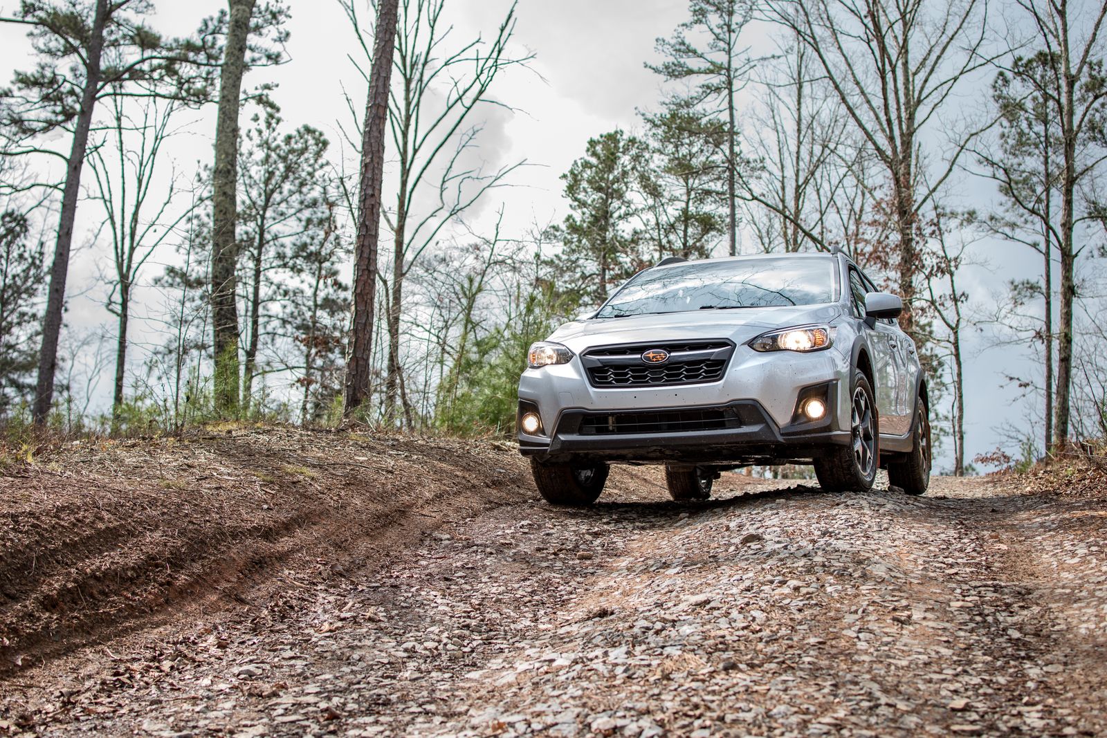 Silver SUV driving slowly over a rocky dirt road through a forest toward a trailhead