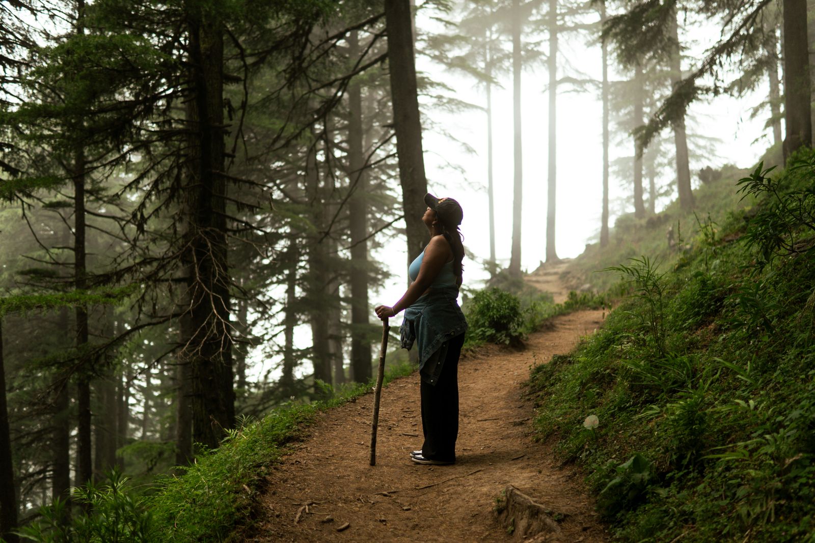 Woman using wooden hiking sticks on a misty forest trail